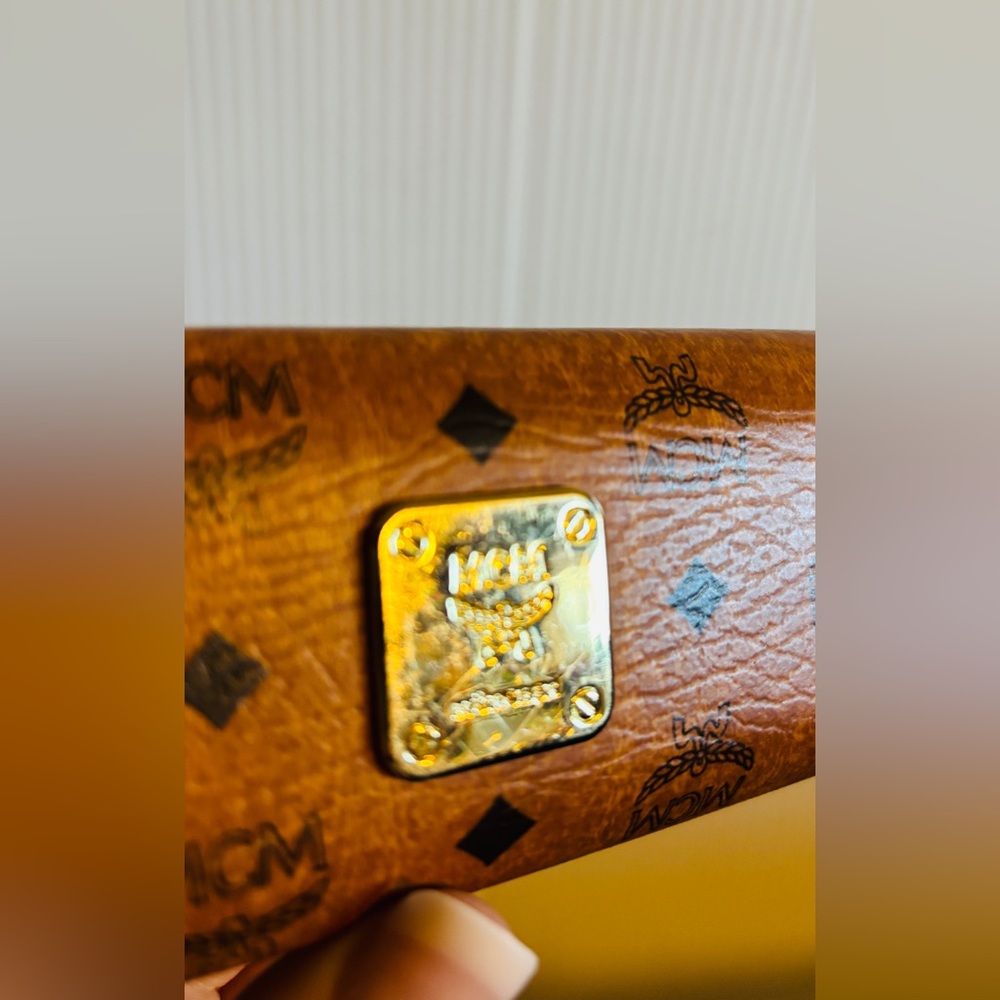 MCM Visetos Brown Logo Eyeglass Case Gold Plate Authentic - Picture 2 of 7
